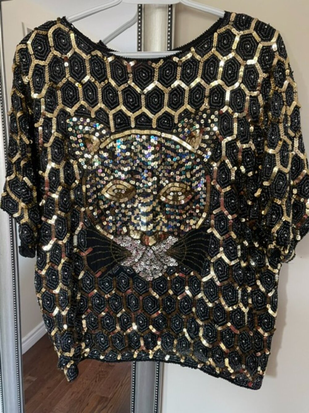 Exquisite VTG Black/Gold Sequins, beads /silver threads Top w Sequin Tiger S L - Picture 7 of 8